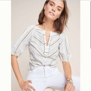 Anthropologie Maeve Fruit Embroidery Puff-Sleeve Striped Tie-Back Blouse Top 6